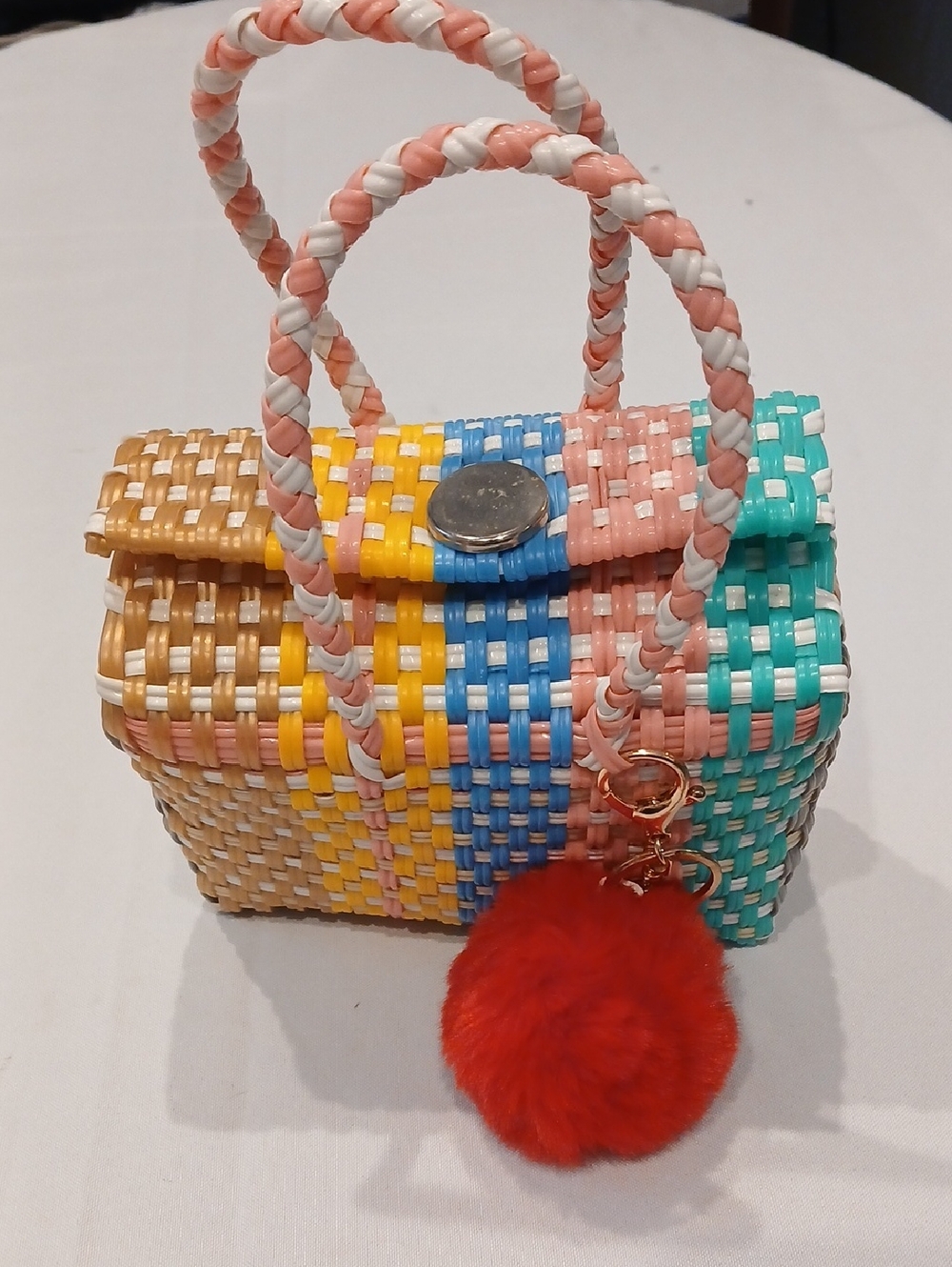 Pastel Woven Mini Tote with Red Pom Charm
